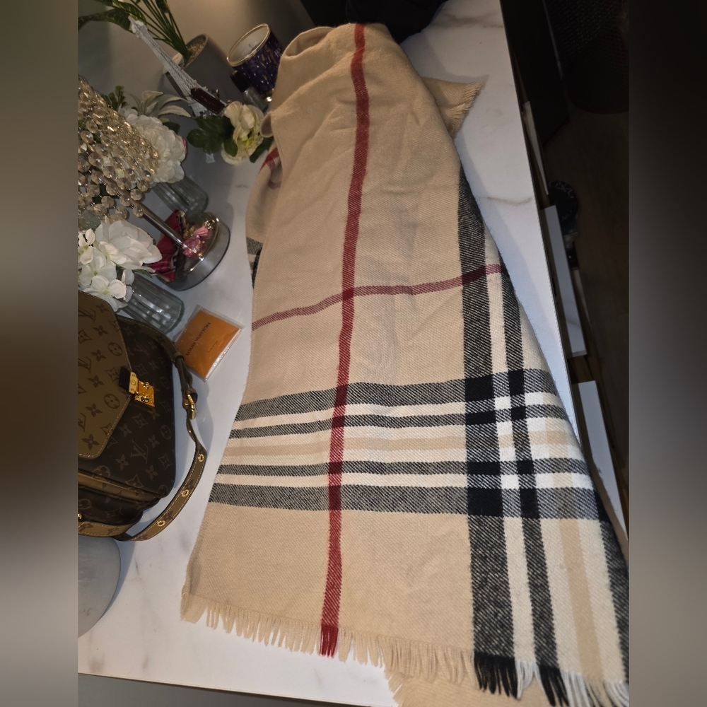 Burberry Beige Plaid Wrap with Black and Red Accents